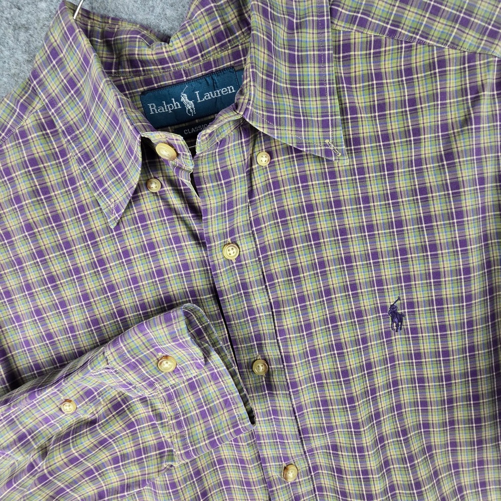 Ralph Lauren Button Down Mens Medium Purple Green Classic Fit Plaid Pony Logo